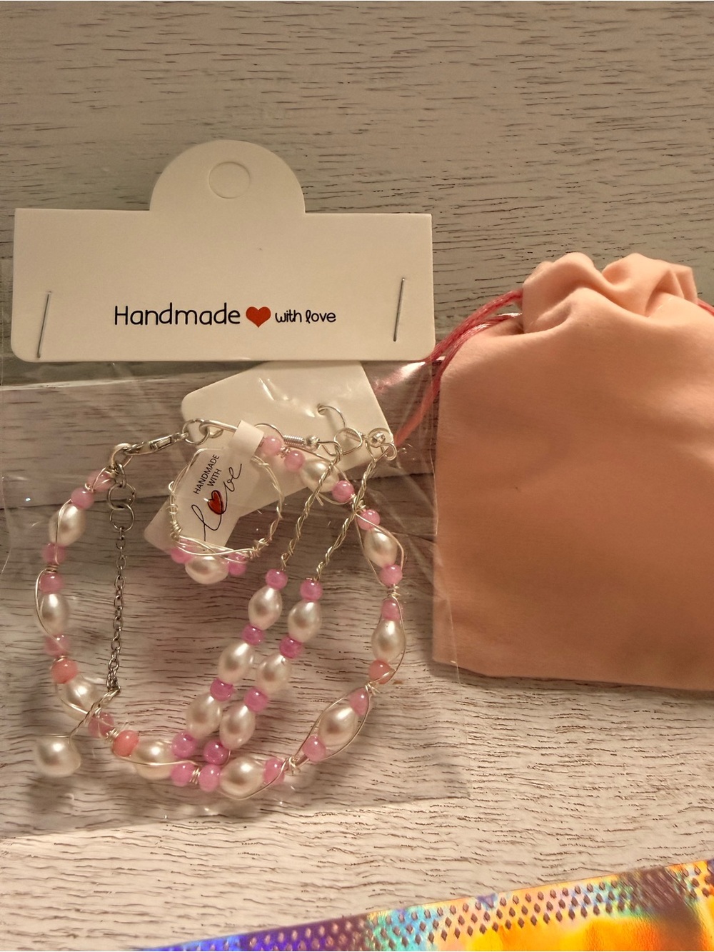 Handmade Pearl & Pink Beaded Bracelet Ring and Earrings Set.
